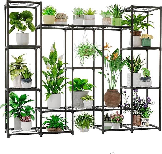 Large Plant Stand Indoor Outdoor Metal Plant Shelf Waterproof Plant Rack for Multiple Plants Wide Flower Stand for Patio Balcony Garden Black