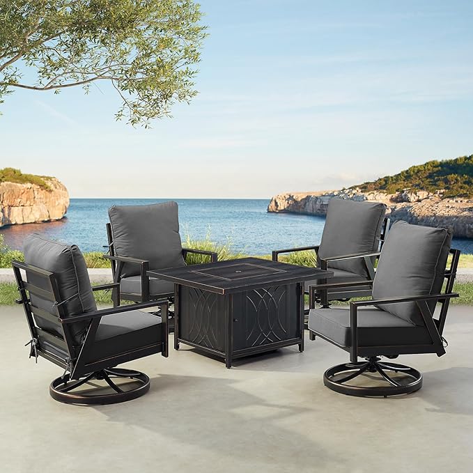 Oakland Living Black Aluminum Patio Fire Table Set with Four Club Chairs with Black Cushions