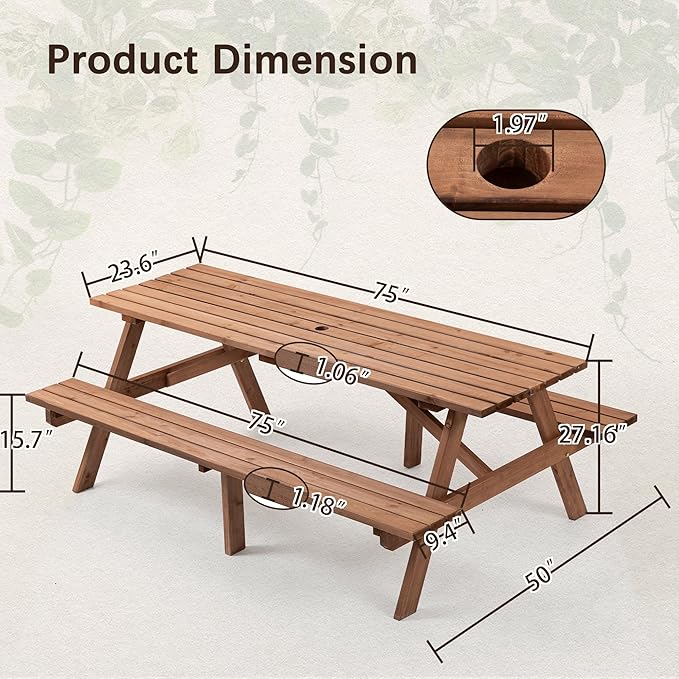 Picnic Table with Bench for 6-8 Person Outdoor Wooden Rectangle Table for Backyard, Porch, Patio, Deck w/Umbrella Hole -Brown