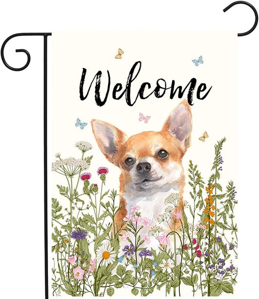 Floral Chihuahua Garden Flag Spring Summer Yard Flag Flower Dog Garden Flags for Outside Small Outdoor Welcome Flags 12x18 Double Sided