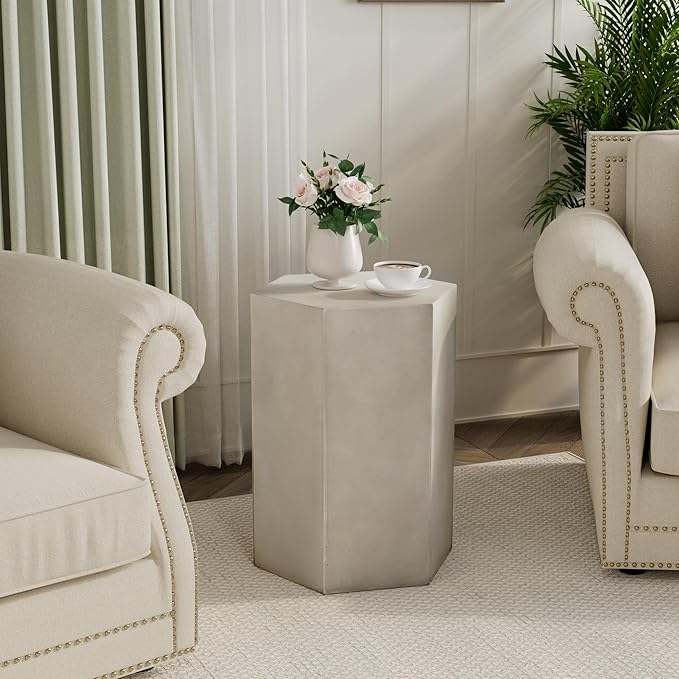 COSIEST Concrete Accent Table, Hexagon Patio Side Table 14.5''Wx20''H, Modular Design Indoor Outdoor End Table, Light Grey