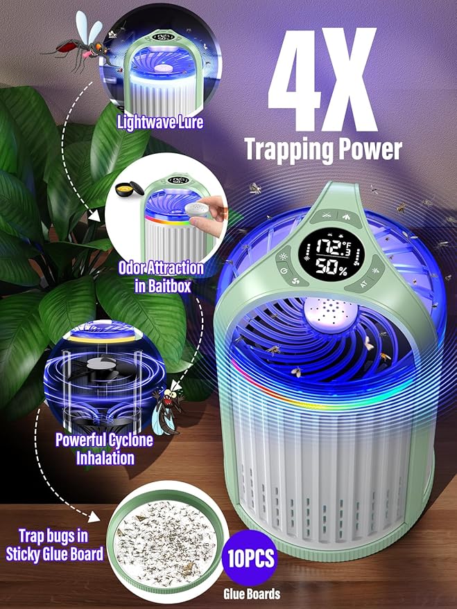 Fruit Fly Traps for Indoors, Smart Fly Trap Indoor Bug Zapper Gnat Traps for House Indoor Plant, Pest Control with 10PCS Refills - Green & White