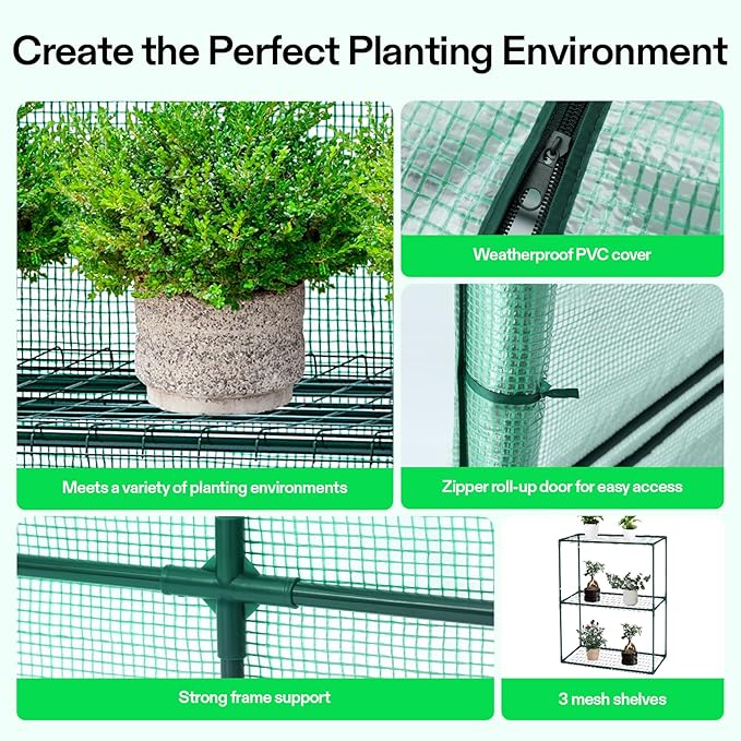 VIVOSUN Lean-to Greenhouse, 6.6’ x 3.3’ x 6.9’ Portable Wall House with Green PE Cover and Shelf for Compact Garden 79x39x83-Inch