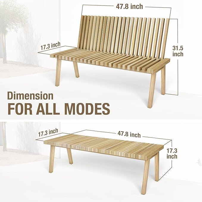 Melino Wooden Convertible Bench Picnic Table, Outdoor Bench Wood, 500Lbs Weight Capacity, Park Bench for Outdoors, Porch, Balcony