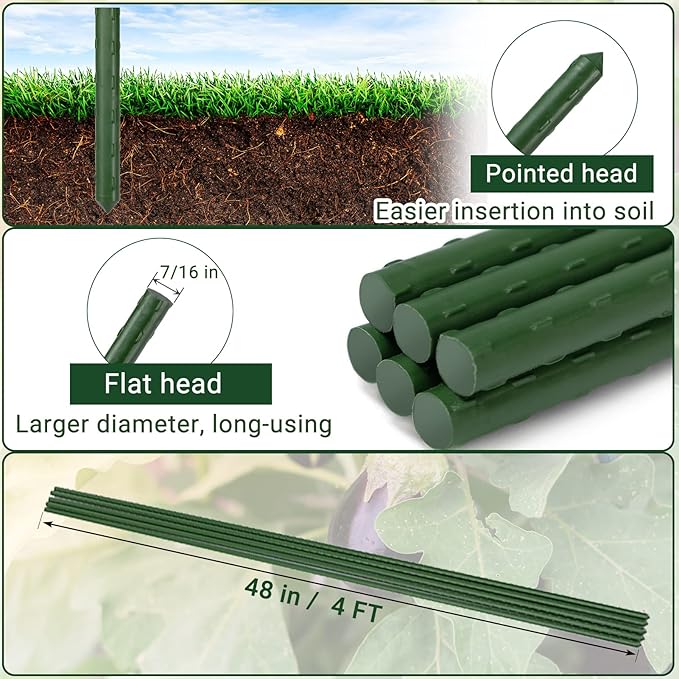 Garden Stakes 48'' Plant Sticks, 50PCS Plastic Coated Steel 4ft Plant Stakes Support for Growing Climbing Plants, Tomato Stakes Gardening Supplies