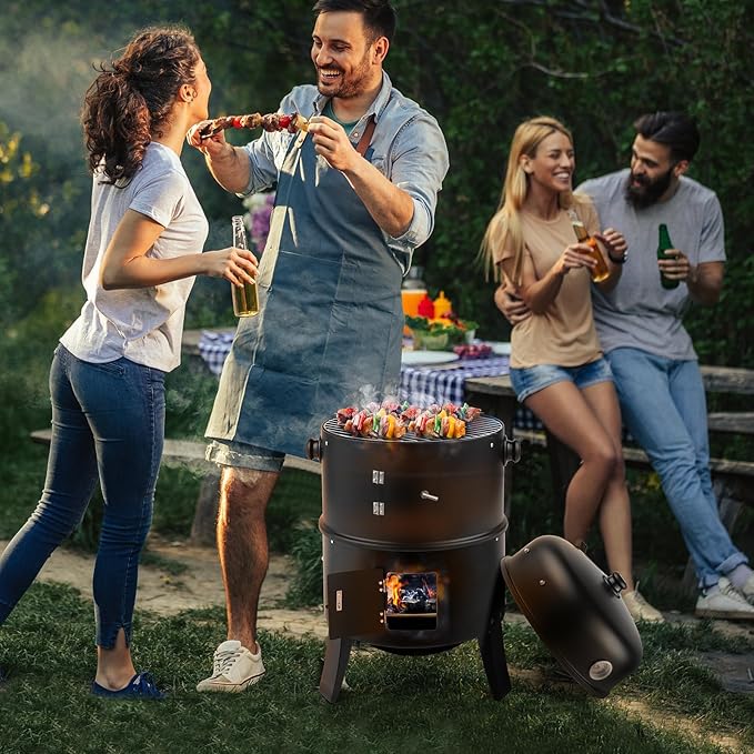 16 Inch Charcoal Smoker, 3-in-1 Meat Smoker Grill with Thermometer & Dual Cooking Racks Portable Outdoor BBQ Smoker with 2 Access Doors, Easy to Clean, for Backyard, Camping & Parties