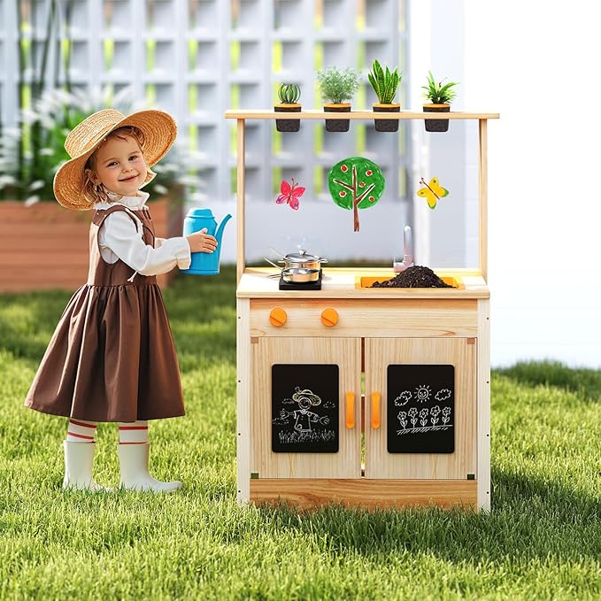 HONEY JOY Mud Kitchen, Fir Wood Outdoor Play Kitchen for Toddlers, 4 Planting Cups, Cookware, Faucet & Sink, DIY Acrylic Board & Blackboard, Storage, Mud Table, Mud Kitchen for Kids Outdoors, Natural