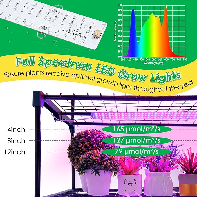 Meonum Indoor Greenhouse with LED Grow Lights, 4 Tier Mini Greenhouse with Roll-Up Zipper PVC Waterproof Cover and Trays, Dimmable Plant Grow Light for Indoor Plant with Timer, 27 L X 19 W X 63 H