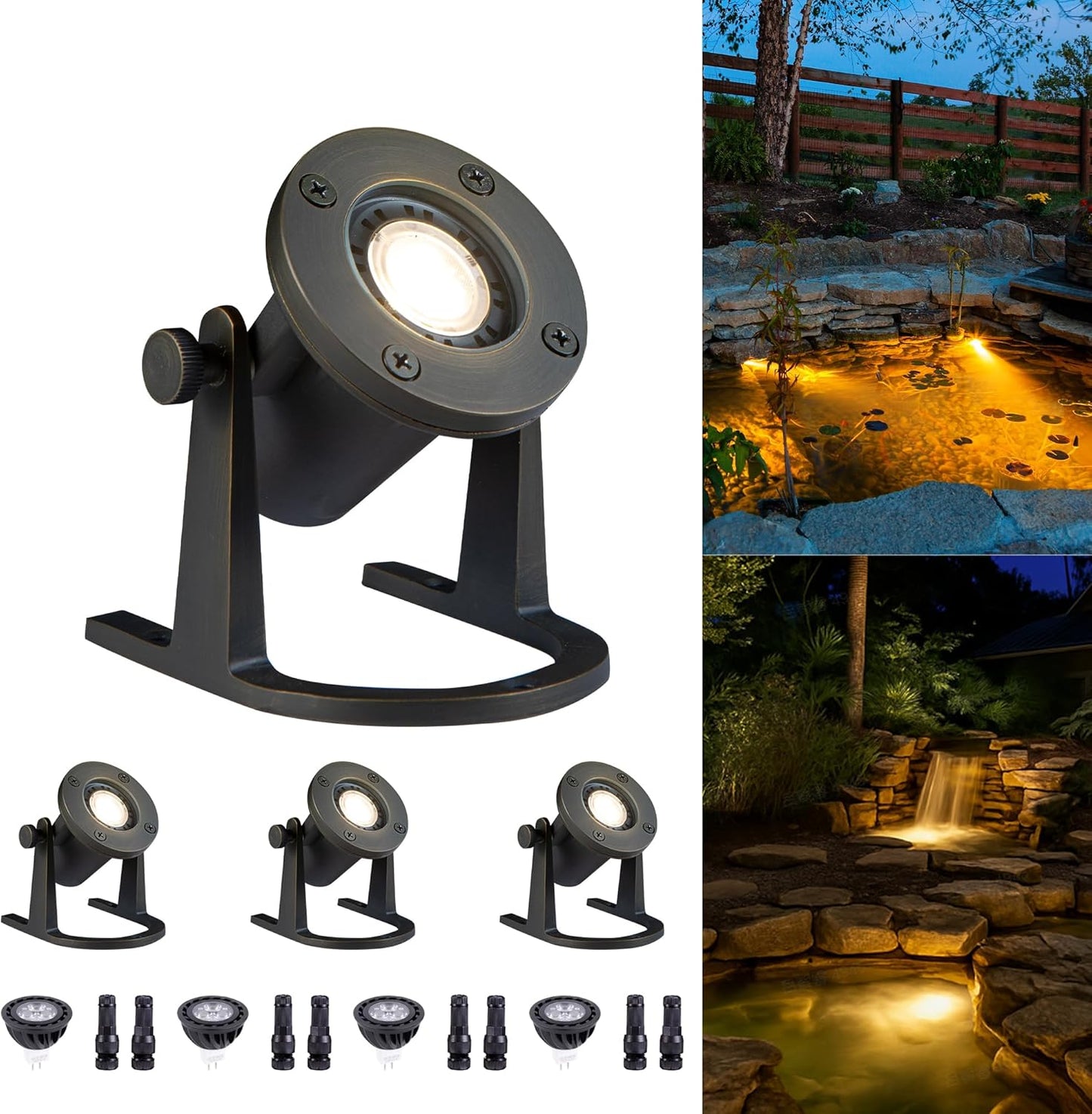 Submersible Pond Light - 12V Low Voltage IP68 Waterproof, Solid Brass Underwater Light with 2700K MR16 LED Bulb, for Water Fountains, Waterfalls, Pool and Outdoor Landscape Lighting(4 Pack)