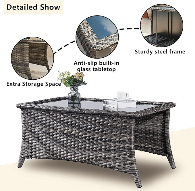 Wicker Outdoor Patio Furniture Set - 6 Piece Patio Conversation Sets with Swivel Rocker Chairs, Ottomans, Sofa and Coffee Table, 6 inch Cushions, Deep Seating, for Porch Deck Mixed Grey/Blue