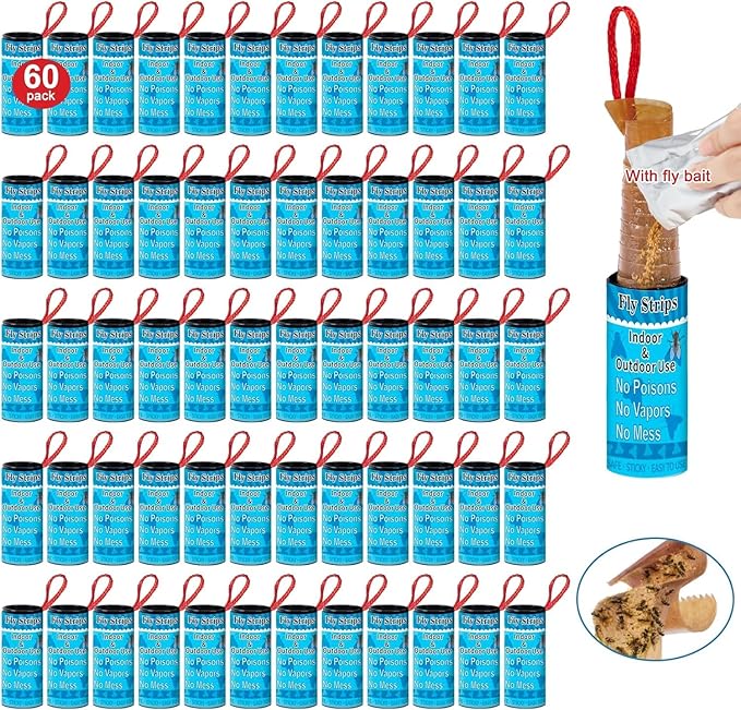 Glovv 60 Pack Sticky Fly Trap Indoor, Flies Strips Indoor Outdoor Hanging Paper Rolls for Home, Bug & Fruit Gnat Ribbons Tape Killer Catcher for Kitchen, Flying Insect Trap for Winged Insect, Mosquito