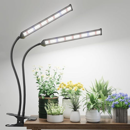 GooingTop Grow Light LED Gooseneck Lamp,Dual-Head White Full Spectrum 148 LED Plant Lamp with Red Blue Light Clip-on Desk for Indoor Plants Growing,Diming & Auto Timer