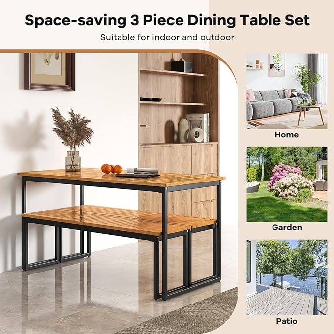 Tangkula 3 Pieces Outdoor Dining Set for 6 People, 55 inch Rectangle Patio Table & 2 Benches with Acacia Wood Tabletop, Metal Frame & Umbrella Hole, Dining Furniture for Yard, Garden, Poolside