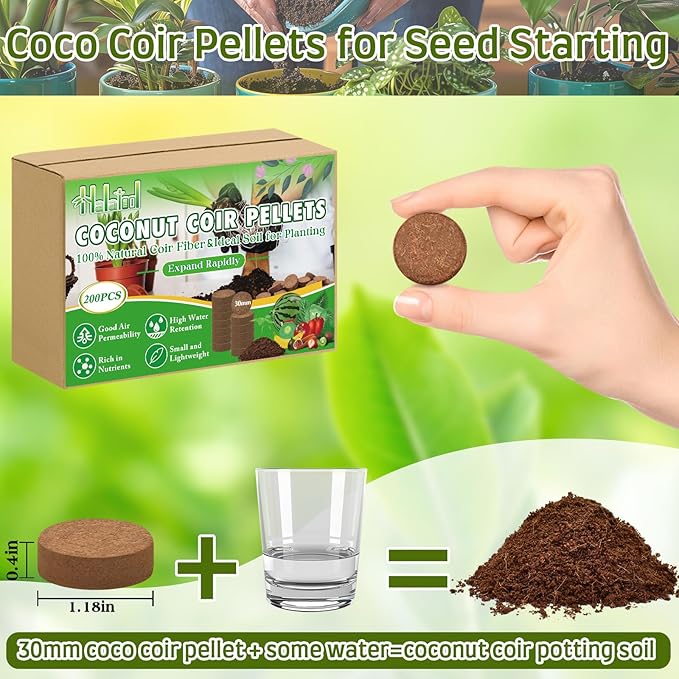 Halatool 200pcs 30mm Organic Coconut Coir Pellets Soil for Seed Starter, Compressed Coco Coir Potting Soil for Growing Vegetables, Fruits, Flowers