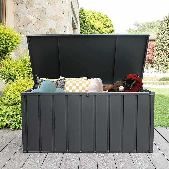 CHUNLY 150 Gallon Outdoor Indoor Deck Box with Lockable Lids Patio Storage Box Waterproof Storage Bin for Furniture Cushions, Throw Pillows, Garden Tools (Dark Gray)