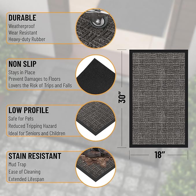 Ottomanson Easy Clean, Waterproof Non-Slip Indoor/Outdoor Rubber Doormat, 18" x 30", Charcoal