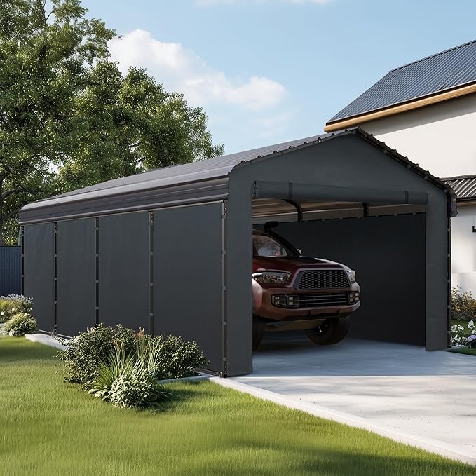 MFSTUDIO Carport 12x20 ft, Outdoor Heavy Duty Carports with Sidewalls, Metal Shed Canopy Shelters Garage Shelter Shade Car Ports with Galvanized Roof for Cars, Truck and Boats