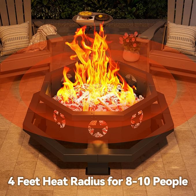 43 inch fire Pit for Outside Wood Burning, Outdoor Octagonal Fire Pit with Poker, Large Firepit for Camping, Backyard, Patio, Black