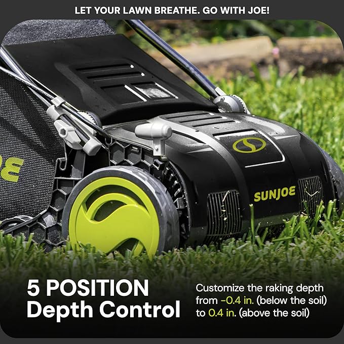 Sun Joe Electric Lawn Dethatcher & Scarifier with 13.2-Gal Bag, 13 Amp, 15 Inch, Black/Green - Heavy Duty Gardening Machine and Equipment for Lawn, Yard, and Grass, AJ805E