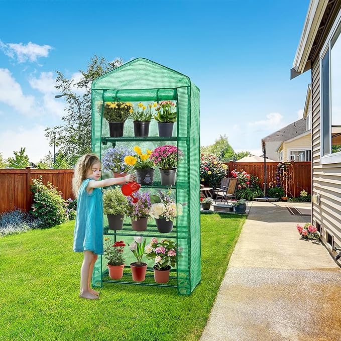 EAGLE PEAK Mini Greenhouse with Wire Shelves, Portable Indoor & Outdoor Green House with Roll-Up Zipper Door, 4 Tier, 27.2"x19.3"x64.2", Clear/Green PE Cover