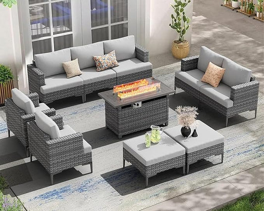 10 Pieces Patio Sectional Furniture Set with 44" Propane Fire Pit Table, 60000BTU Wicker Outdoor Sectional Coversation Set, Thick Cushion Deep Seat, Outdoor Furniture for Porch,Backyard,Deck (Grey)