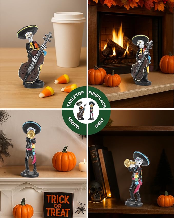 Day of The Dead Mariachi Skeleton Figurines 4.3'' – Set of 2 Hand-Painted Resin Día de Los Muertos Decorations – Mexican Folk Art Halloween Decor for Home, Altar, Table Centerpiece (Mariachi)
