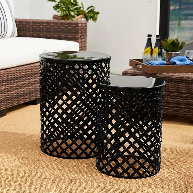 Glitzhome Outdoor Side Table Set of 2, Decorative Garden Stool for Indoor Outdoor Heavy Duty Metal Frame Modern Accent Table, Black
