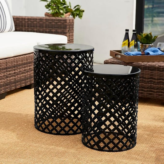 Glitzhome Outdoor Side Table Set of 2, Decorative Garden Stool for Indoor Outdoor Heavy Duty Metal Frame Modern Accent Table, Black