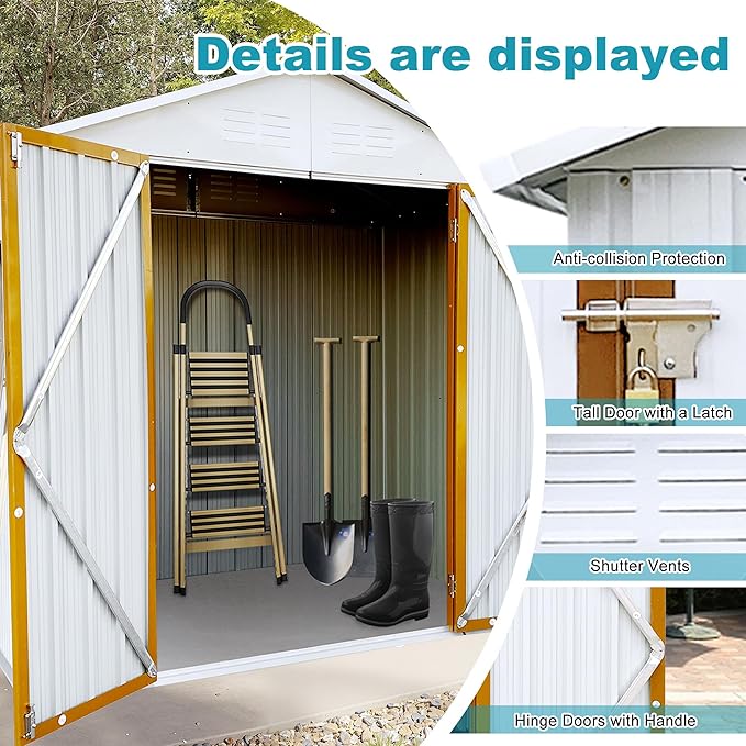 6ft x 4ft Outdoor Storage Shed Apex Roof Tool Shed Outdoor Storage Metal Garden Sheds Tool Cabinet with Galvanized Steel Construction for Backyard, Patio, Poolside, White + Yellow