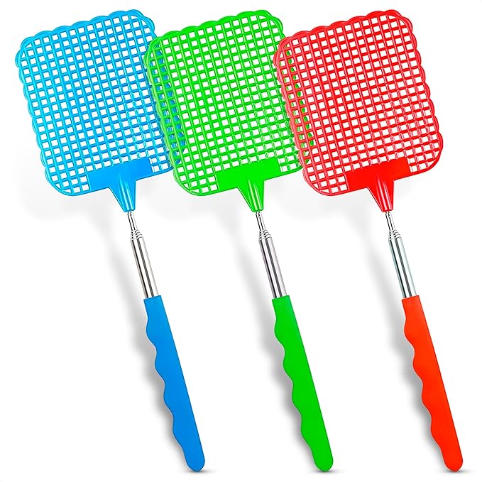 3 Pcs Fly Swatter for Indoors – 28.6" Telescoping Handle, Stainless Steel, Flexible Bug & Mosquitoes Fly Swatters, Bright Colors FlySwatter Heavy Duty for Kitchen & Home
