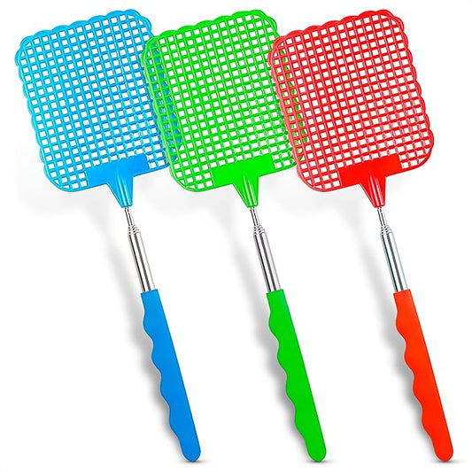 3 Pcs Fly Swatter for Indoors – 28.6" Telescoping Handle, Stainless Steel, Flexible Bug & Mosquitoes Fly Swatters, Bright Colors FlySwatter Heavy Duty for Kitchen & Home