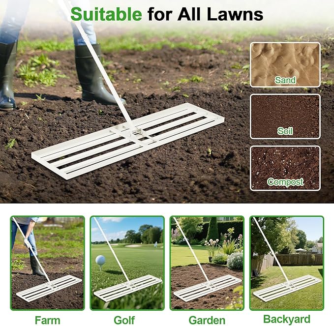 48"x12" Lawn Leveling Rake Heavy-Duty Galvanized Steel Lawn Leveler with an Adjustable 78'' Extra Long Handle Lawn Leveling Tool for Yard,Backyard,Garden,Golf,Farm,Pasture 6.5FT