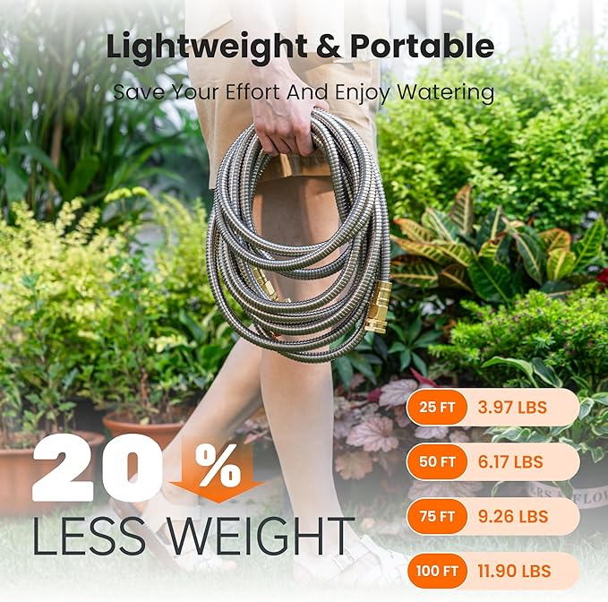 Girafe Tools Garden Hose 25ft x 5/8", 304 Stainless Steel Metal Water Hose, No Kink Garden Water Hose with 9 Pattern Spray Nozzle, Flexible, Lightweight, Kink Free Hose for Yard, Outdoor