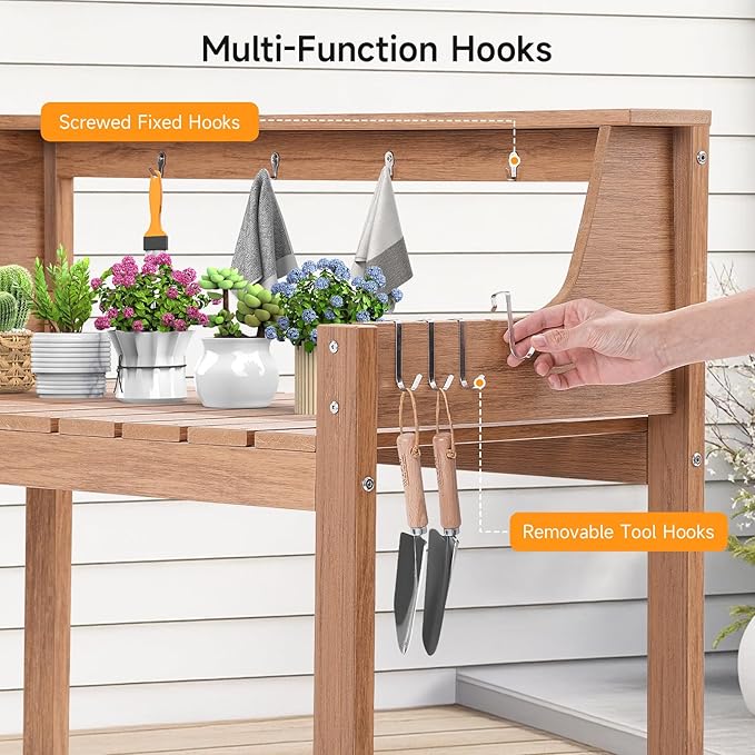 HDPS Potting Bench, All Weather Potting Table with 33.18" Highten Tabletop and 8 Hooks, Easy Assembly Garden Work Bench, Outdoor Potting Benches for Outside Patio Lawn, 360LBS Capacity, Teak