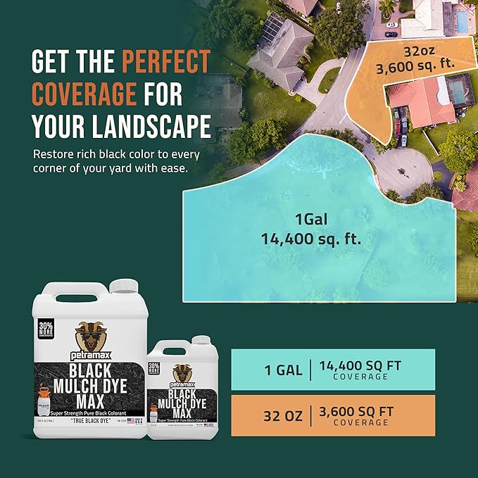 Petra Black Mulch Dye Spray Use with PetraTools Sprayer to Refresh Fading Landscape - Black Dye to Wood Mulch for Landscaping - Rubber, Pine Straw, Bark, Cedar & Playground Cover (3,600 Sq Ft, 32 Oz)