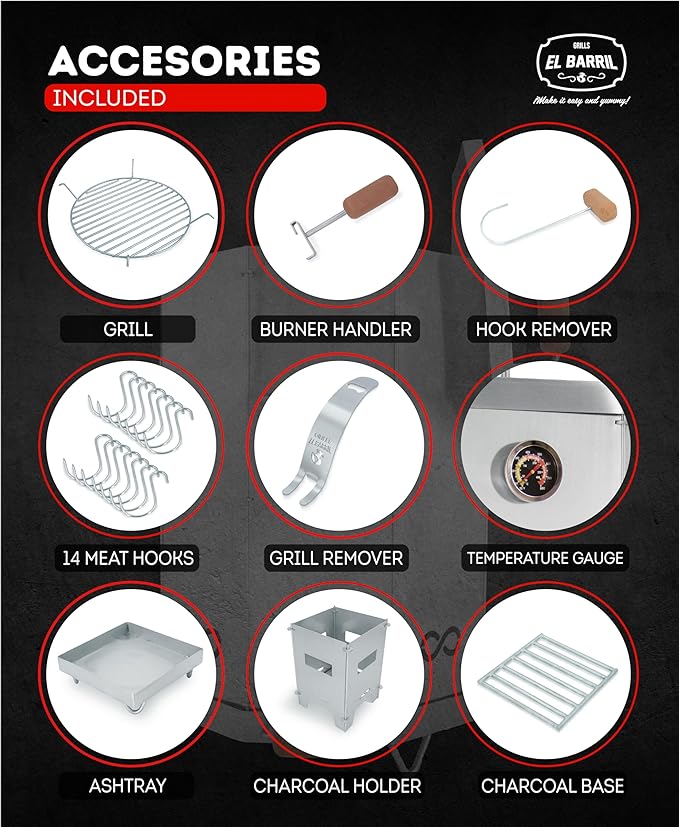 EL BARRIL 20lbs Stainless Steel Foldable Charcoal Smoker & Grill Barrel – Portable Outdoor Smokers with Grilling Accessories & Carry Bag