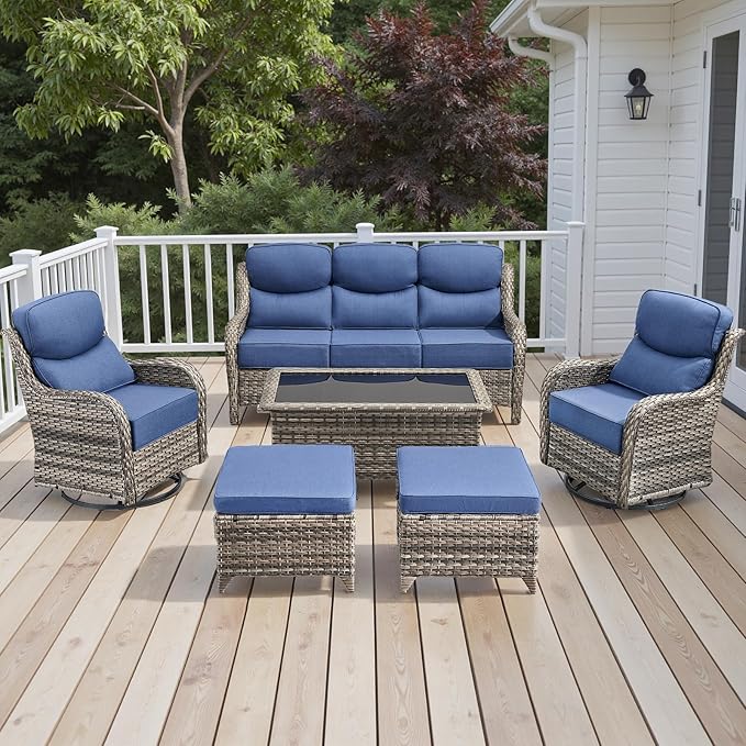 Wicker Outdoor Patio Furniture Set - 6 Piece Patio Conversation Sets with Swivel Rocker Chairs, Ottomans, Sofa and Coffee Table, 6 inch Cushions, Deep Seating, for Porch Deck Mixed Grey/Blue