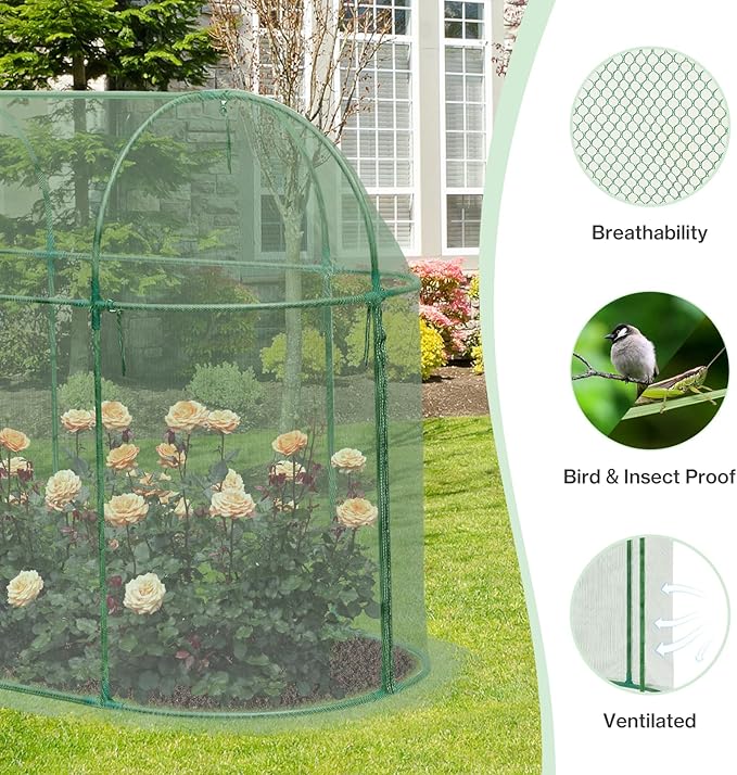 Aoodor 10 x 3 x 5 Ft Plant Protection Grow Tent Arched Roof Crop Cage with Side Netting Zippered Door for Protect Plants, Herbs, Fruits, Green