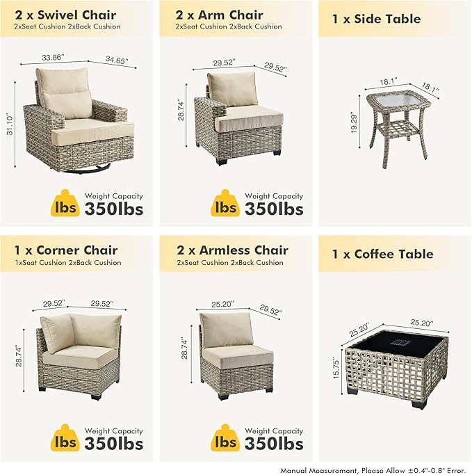 HOOOWOOO Outdoor Sectional Patio Furniture Set,9 Pieces Wicker Conversation Sets L Shaped Couch,Extra Deep Out Door Sofa Outside Furniture with Swivel Chairs,Beige
