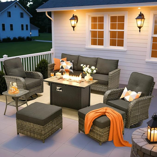 ovios 7 Pieces Patio Furniture Set, Outdoor Wicker Sofa Couch with Rocking Swivel Chairs Fire Pit Table, Modern Deep Seat Rattan Conversation Sets for Porch Deck, Black