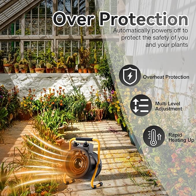 Greenhouse Heater with Digital Thermostat, 1500W Electric Outdoor Heaters for Patio, Fast Heating, Overheat Protection, Dustproof Design for Grow Tent, Green House, Flower Room, BK
