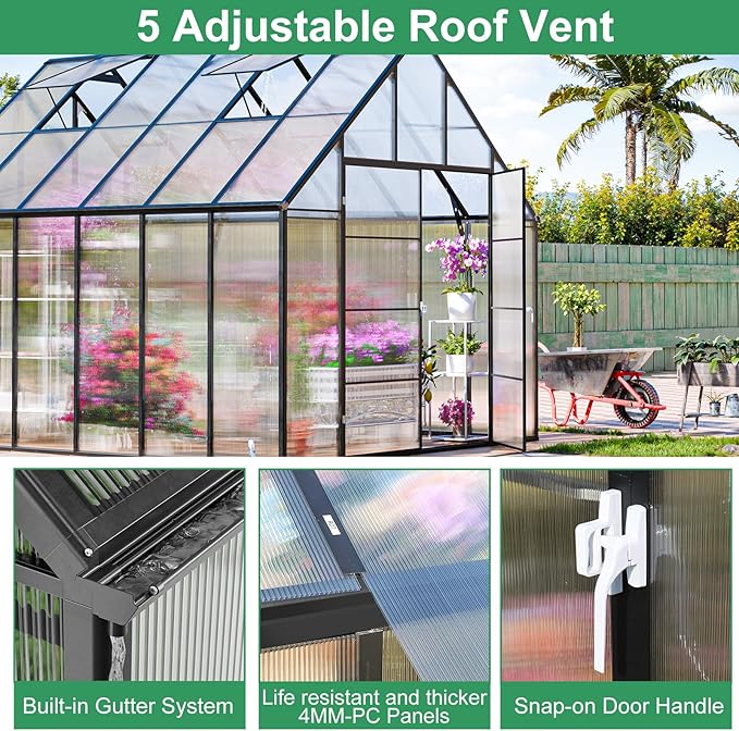 CDCASA 12x10x10 FT Greenhouse for Outdoors, Easy Assembly Large Aluminum Heavy Duty Polycarbonate Greenhouses Kit w/2 Window, Swing Door, Walk-in Green House for Outsides, Sunroom, Backyard, Garden