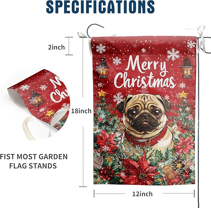 Christmas Pug Garden Flag Merry Christmas Dog Yard Flag for Outside Xmas Flags 12x18 Double Sided Red Poinsettia Garden Flags Winter Porch Decorations Outdoor