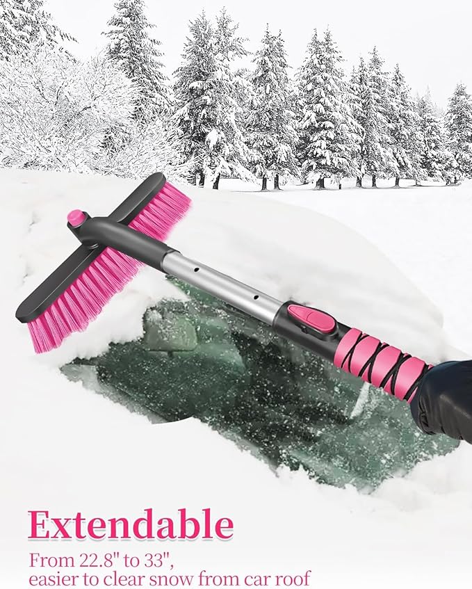 HEEYA 12.6 Inch Large Brush Head with Ice Scraper, Extendable Car Scraper Snow Brush for Car Window Windshield, Portable Snow Scraper for SUV Truck Vehicle Automobile - Pink