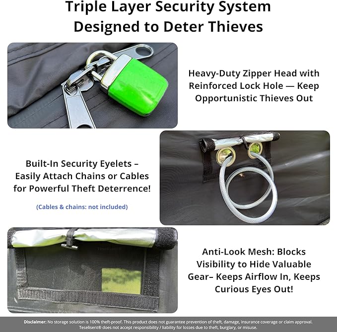 Anti-Theft Outdoor Storage Shed | Triple-Security Tent: Rugged Zipper Lock, Rear Security Anchoring, Privacy Mesh Cover | Protecting Valuable Gear & Bikes | Portable Weatherproof | Fits 2 e-Bikes