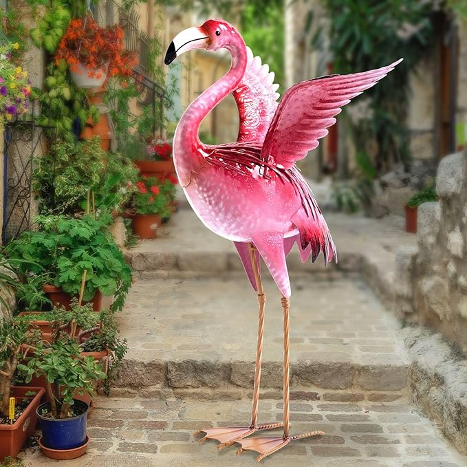 Garden Flamingo Statues and Sculptures, Outdoor Metal Bird Yard Art, Pink Flamingos Lawn Ornament for Patio Backyard Porch Decorations