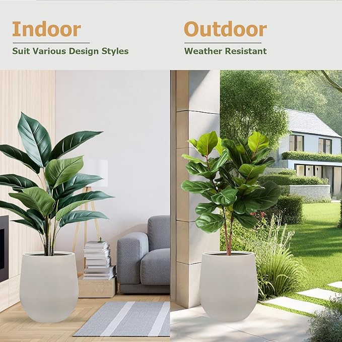 21" H x 19" D Corso Fiberstone Round Tapered Planter with Drainage Hole, Smooth Finishes, for Indoor and Outdoor Use, Included 2 Extra Coco Mats (Taupe, 15" Pot Opening)