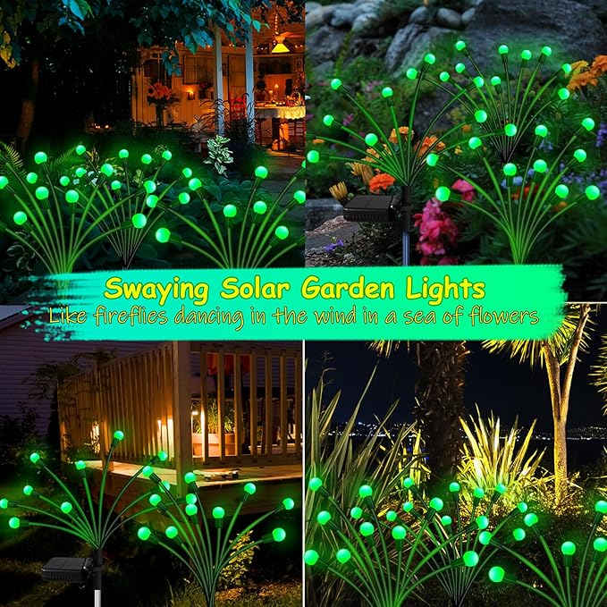 Kohlrabi Solar Halloween Lights Outdoor, 4 Pack 40 LED Solar Green Firefly Lights Waterproof, Starburst Wind Swaying Light for Outside Yard Patio Planter Flower Bed Walkway Christmas Decoration