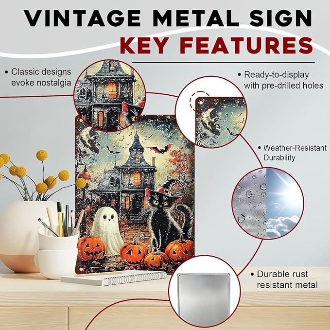 Halloween Black Cat Vintage Sign Funny Ghost Pumpkin Metal Tin Sign Halloween Bat Decor for Home Bar Kitchen Hotel Dining Room Coffee 12x16inch