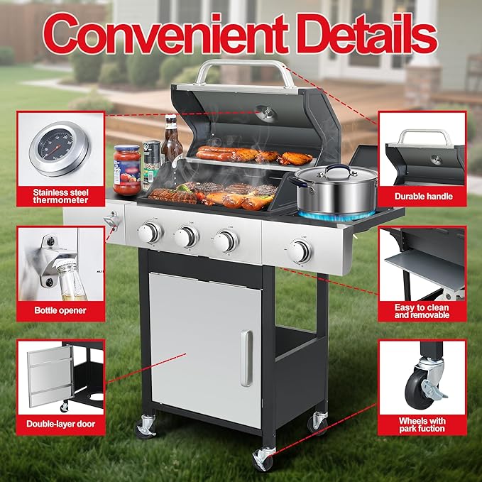 3-Burner Propane Gas BBQ Grill with Side Burner - 37330 BTU Output Stainless Steel Grill with Enameled Cast Iron Cooking Grid Side Table for Outdoor Backyard Patio Barbecue